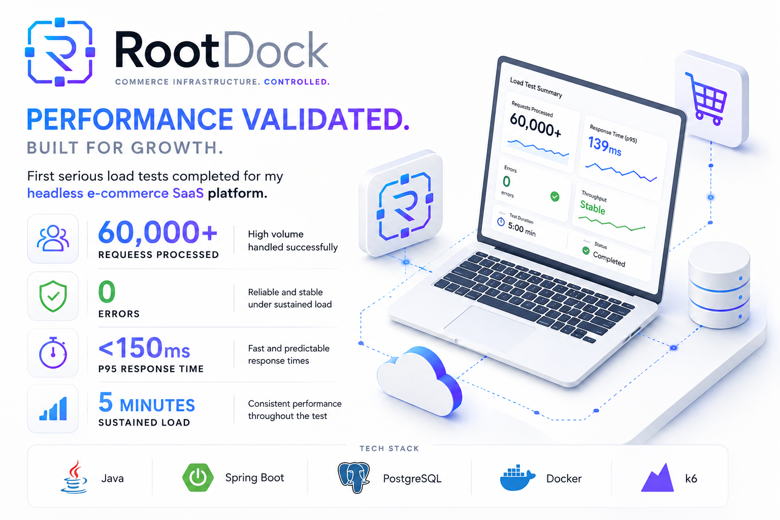 RootDock first load test results: 60,000+ requests, zero errors, sub-150ms p95 response times