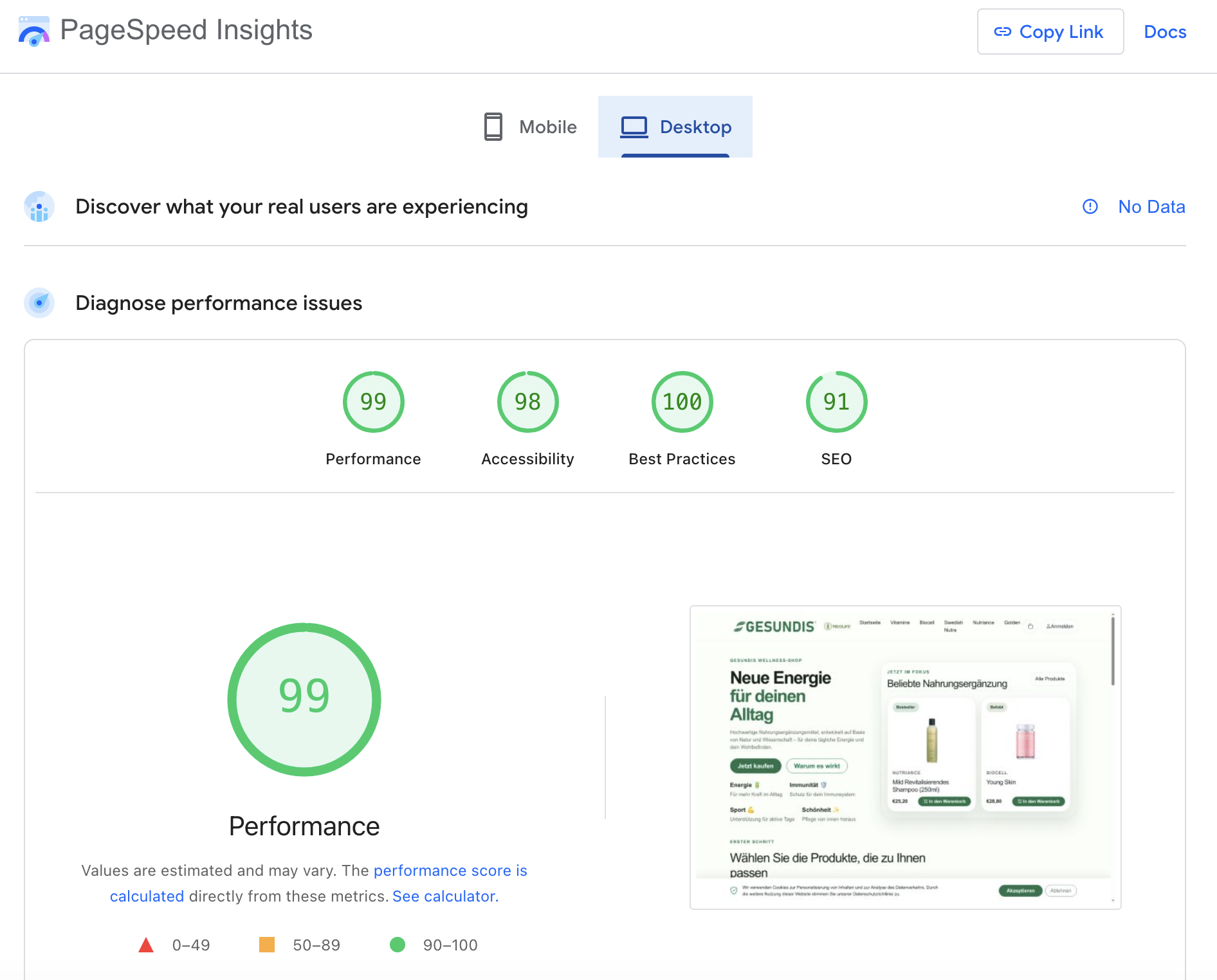 PageSpeed Insights 99+ score results
